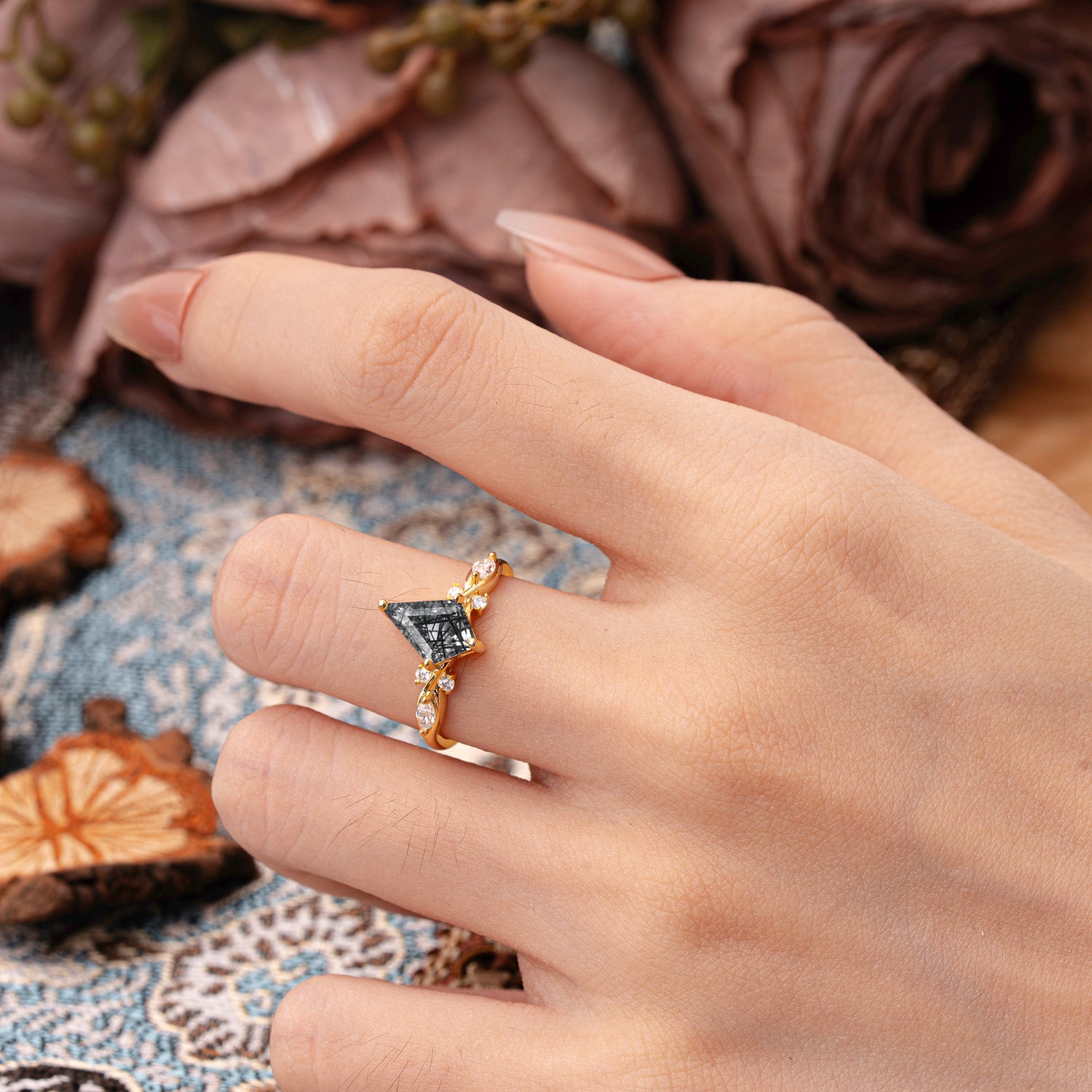 4 Prong Kite Cut 2 Carat Natural Black Rutilated Quartz Bridal Ring Nature Inspired Leaf Engagement Ring