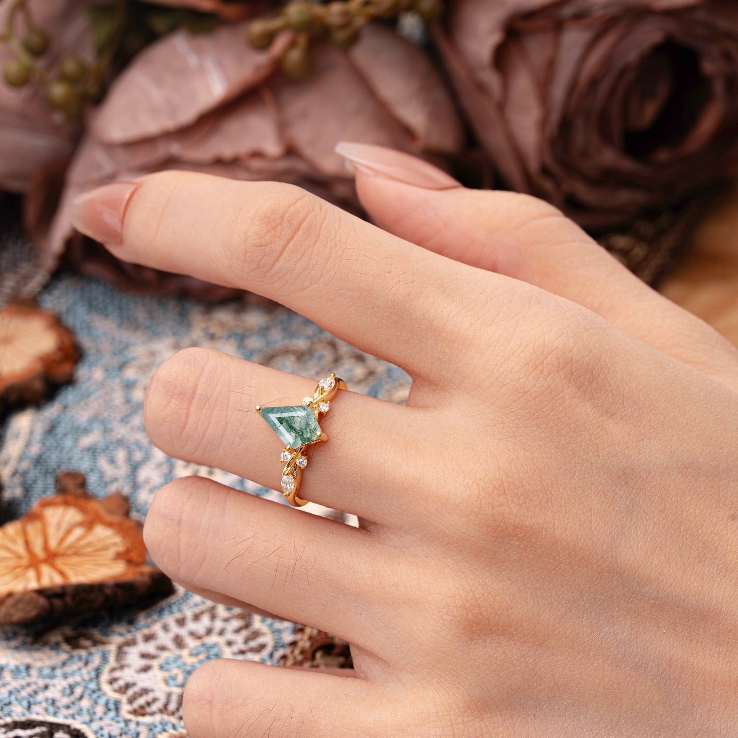 4 Prong Kite Cut 2 Carat Natural Moss Agate Bridal Ring Nature Inspired Leaf Engagement Ring