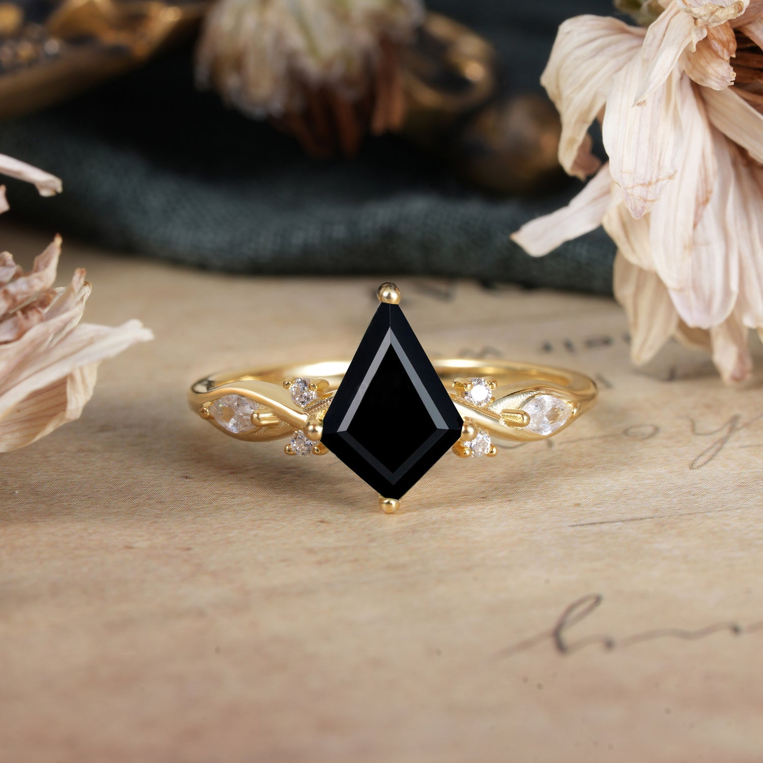 4 Prong Kite Cut 2 Carat Black Onyx Bridal Ring Nature Inspired Leaf Engagement Ring - Romalar Jewelry