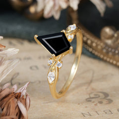4 Prong Kite Cut 2 Carat Black Onyx Bridal Ring Nature Inspired Leaf Engagement Ring