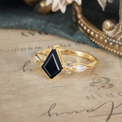 4 Prong Kite Cut 2 Carat Black Onyx Bridal Ring Nature Inspired Leaf Engagement Ring
