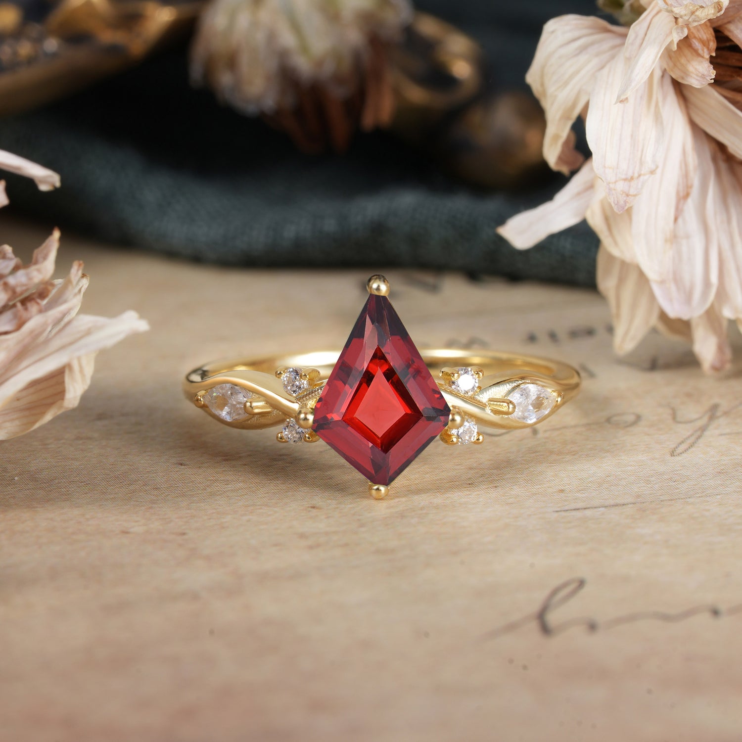 4 Prong Kite Cut 2 Carat Natural Garnet Bridal Ring Nature Inspired Leaf Engagement Ring - Romalar Jewelry