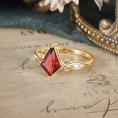4 Prong Kite Cut 2 Carat Natural Garnet Bridal Ring Nature Inspired Leaf Engagement Ring