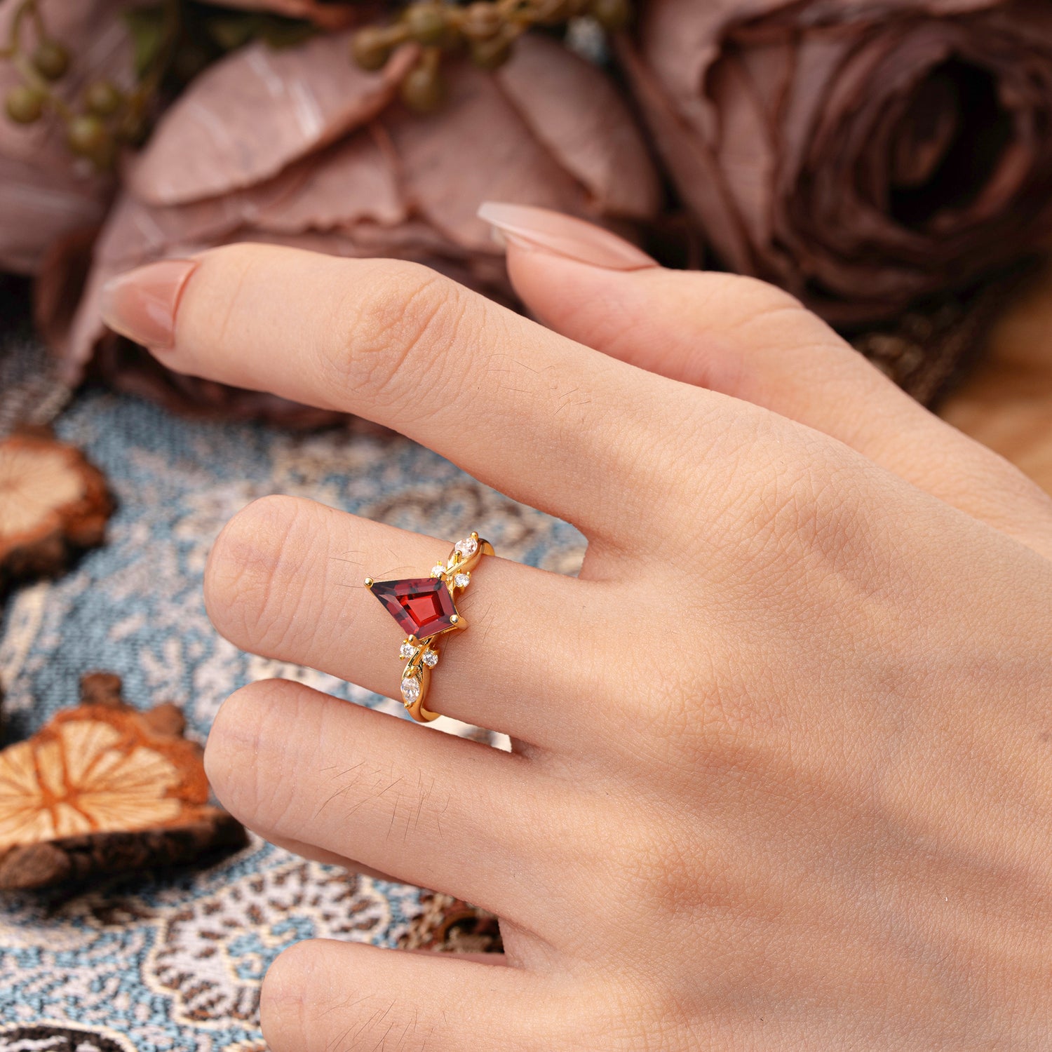 4 Prong Kite Cut 2 Carat Natural Garnet Bridal Ring Nature Inspired Leaf Engagement Ring - Romalar Jewelry