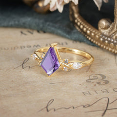 4 Prong Kite Cut 2 Carat Natural Amethyst Bridal Ring Nature Inspired Leaf Engagement Ring
