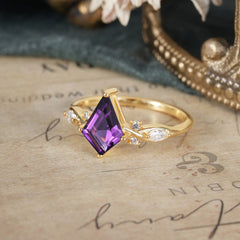 4 Prong Kite Cut 2 Carat Natural Amethyst Bridal Ring Nature Inspired Leaf Engagement Ring