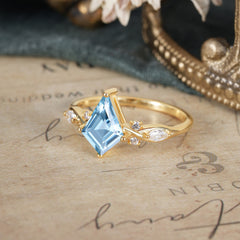 4 Prong Kite Cut 2 Carat Natural Aquamarine Bridal Ring Nature Inspired Leaf Engagement Ring