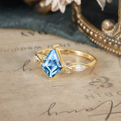 4 Prong Kite Cut 2 Carat Aquamarine Bridal Ring Nature Inspired Leaf Engagement Ring