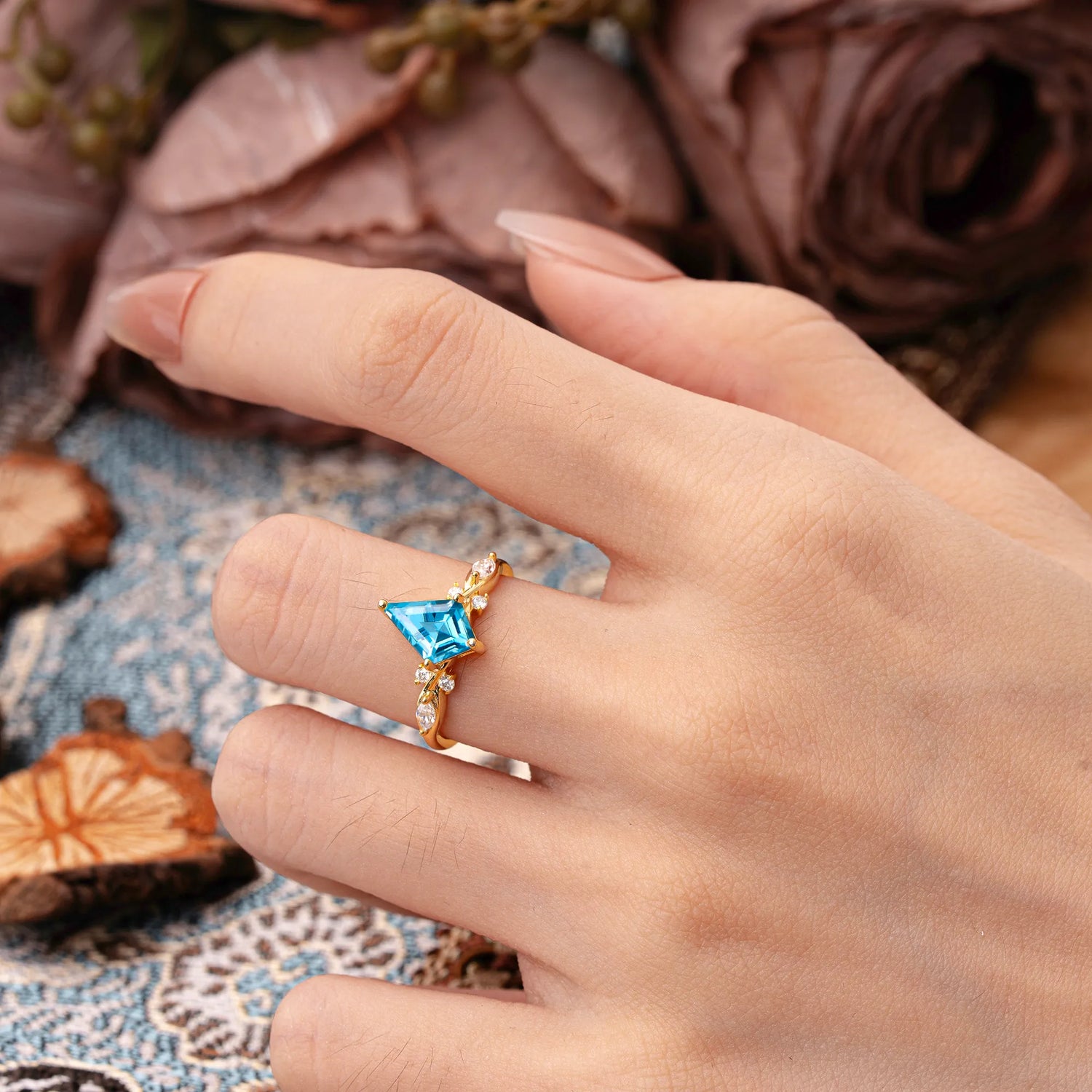 4 Prong Kite Cut 2 Carat Aquamarine Bridal Ring Nature Inspired Leaf Engagement Ring