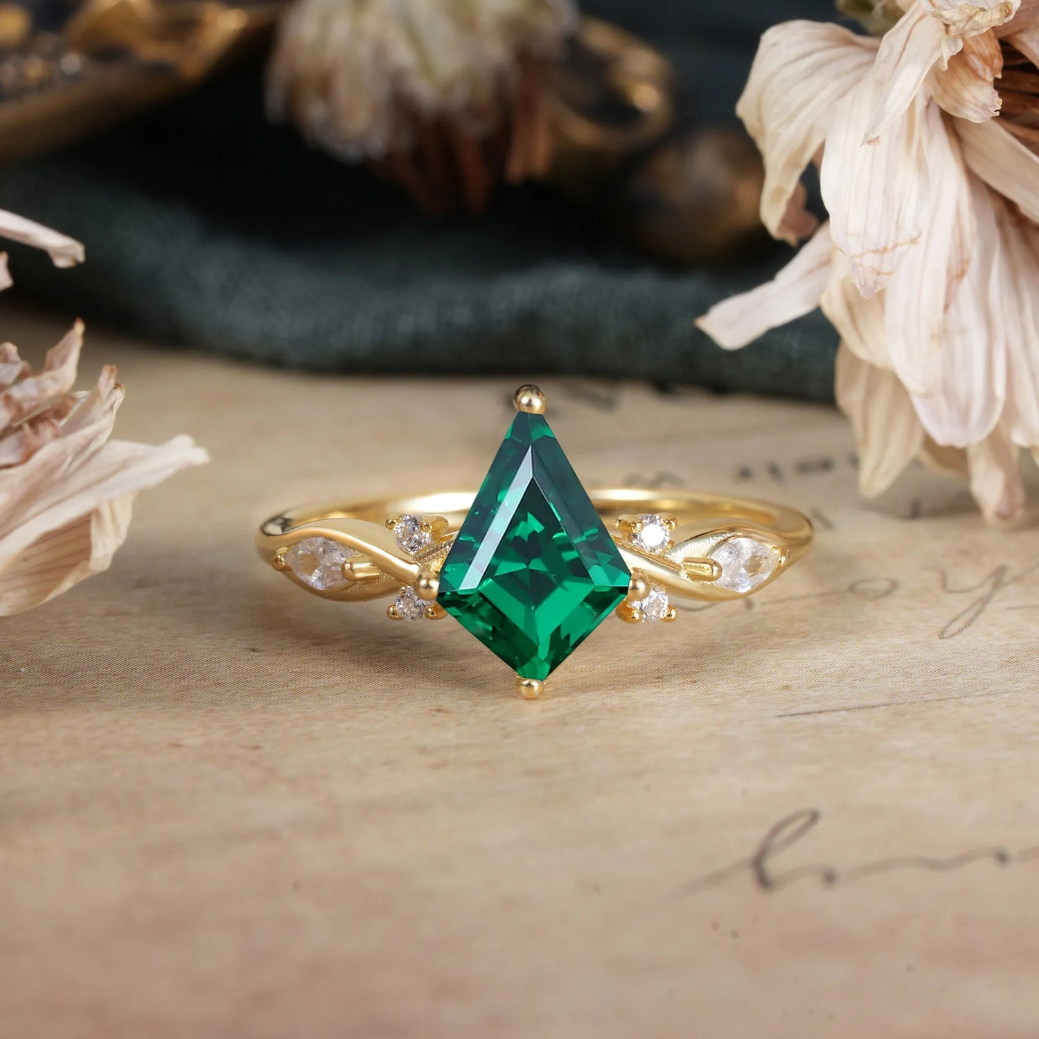 4 Prong Kite Cut 2 Carat Emerald Bridal Ring Nature Inspired Leaf Engagement Ring - Romalar Jewelry