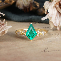 4 Prong Kite Cut 2 Carat Natural Emerald Bridal Ring Nature Inspired Leaf Engagement Ring