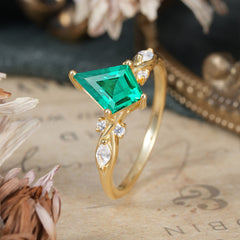 4 Prong Kite Cut 2 Carat Natural Emerald Bridal Ring Nature Inspired Leaf Engagement Ring