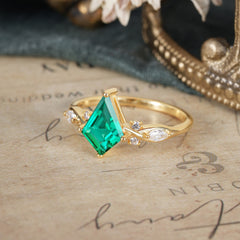 4 Prong Kite Cut 2 Carat Natural Emerald Bridal Ring Nature Inspired Leaf Engagement Ring