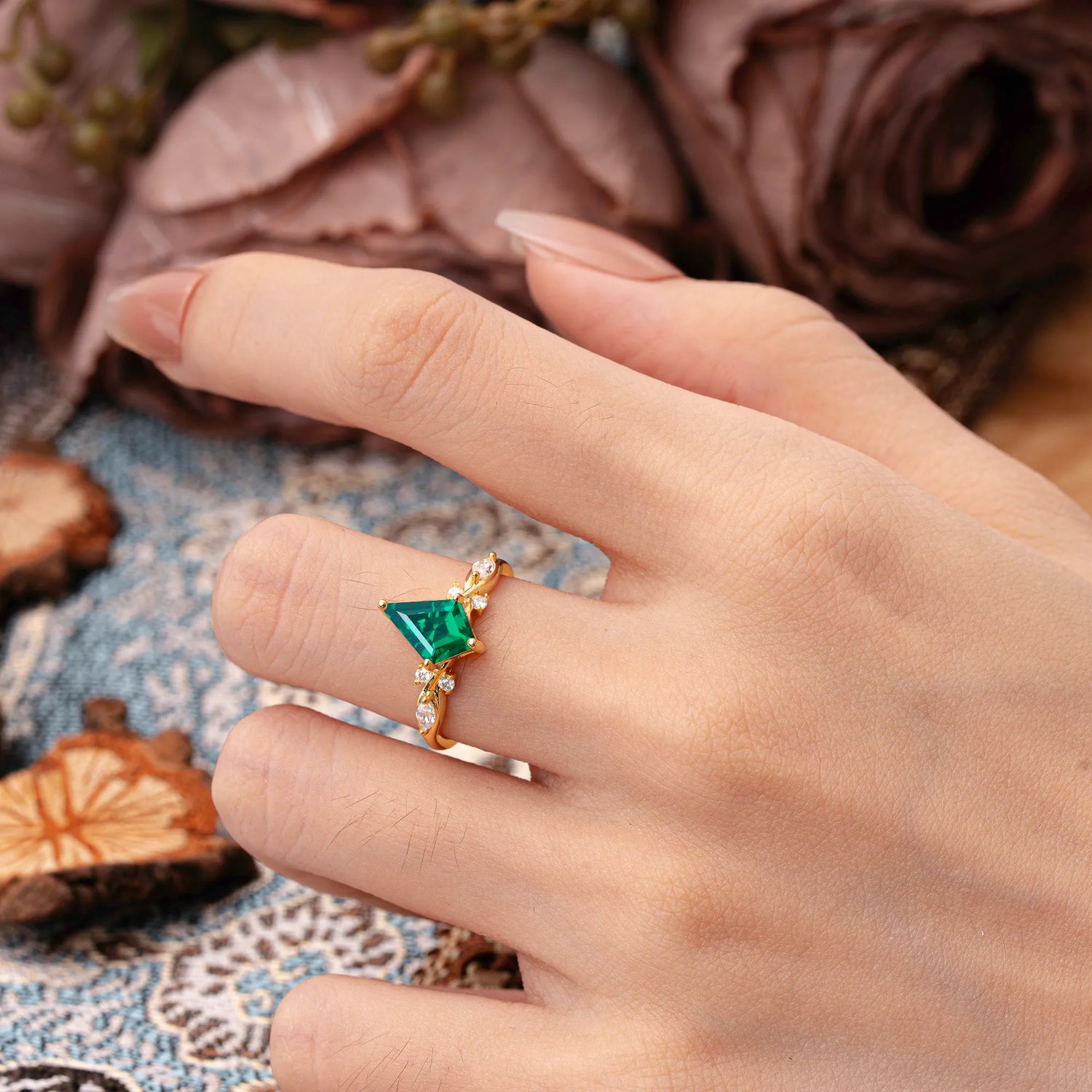 4 Prong Kite Cut 2 Carat Emerald Bridal Ring Nature Inspired Leaf Engagement Ring - Romalar Jewelry
