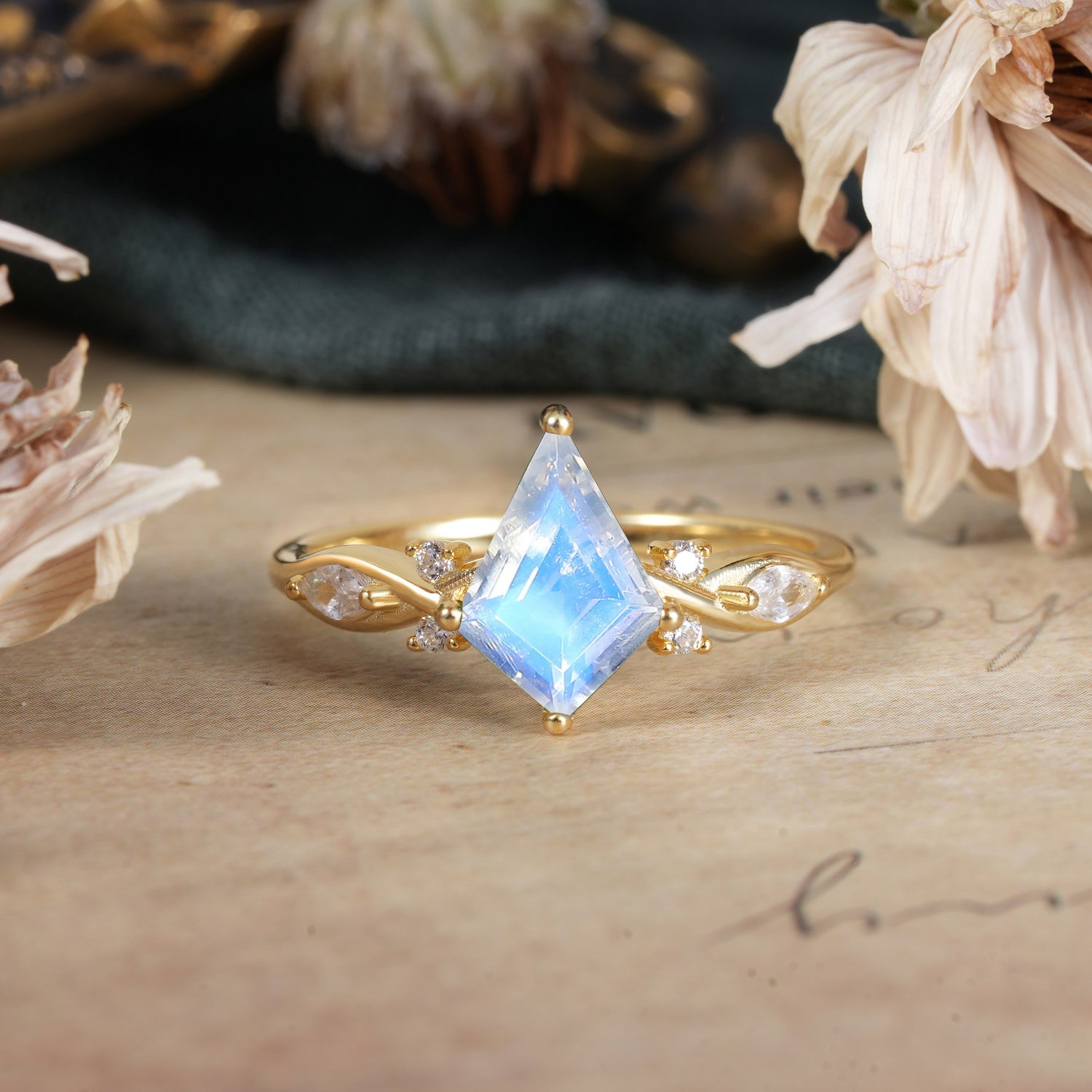 4 Prong Kite Cut 2 Carat Natural Moonstone Bridal Ring Nature Inspired Leaf Engagement Ring - Romalar Jewelry