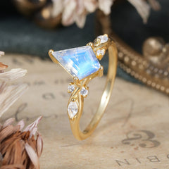 4 Prong Kite Cut 2 Carat Natural Moonstone Bridal Ring Nature Inspired Leaf Engagement Ring