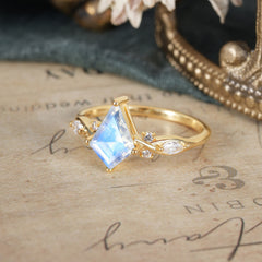 4 Prong Kite Cut 2 Carat Natural Moonstone Bridal Ring Nature Inspired Leaf Engagement Ring