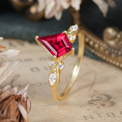 4 Prong Kite Cut 2 Carat Natural Ruby Bridal Ring Nature Inspired Leaf Engagement Ring