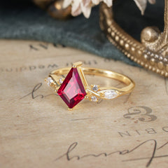 4 Prong Kite Cut 2 Carat Natural Ruby Bridal Ring Nature Inspired Leaf Engagement Ring
