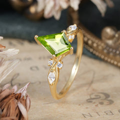 4 Prong Kite Cut 2 Carat Natural Peridot Bridal Ring Nature Inspired Leaf Engagement Ring