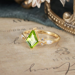 4 Prong Kite Cut 2 Carat Natural Peridot Bridal Ring Nature Inspired Leaf Engagement Ring