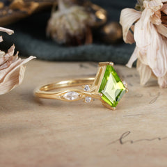 4 Prong Kite Cut 2 Carat Natural Peridot Bridal Ring Nature Inspired Leaf Engagement Ring