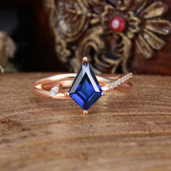 4 Prong Kite Cut 2 Carat Sapphire Promise Ring Nature Inspired Twisted Leaf Ring
