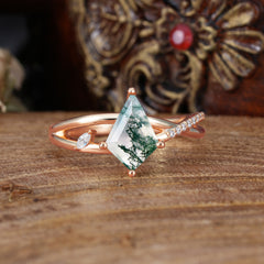 4 Prong Kite Cut 2 Carat Natural Moss Agate Promise Ring Nature Inspired Twisted Leaf Ring