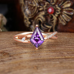 4 Prong Kite Cut 2 Carat Amethyst Promise Ring Nature Inspired Twisted Leaf Ring