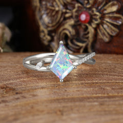 4 Prong Kite Cut 2 Carat Natural Opal Promise Ring Nature Inspired Twisted Leaf Ring