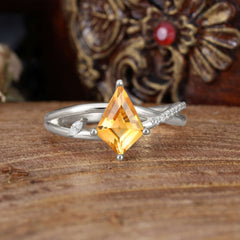 4 Prong Kite Cut 2 Carat Citrine Promise Ring Nature Inspired Twisted Leaf Ring