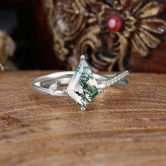 4 Prong Kite Cut 2 Carat Natural Moss Agate Promise Ring Nature Inspired Twisted Leaf Ring