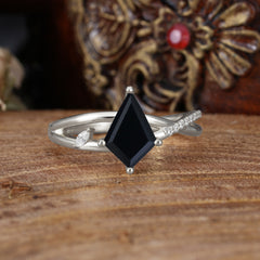 4 Prong Kite Cut 2 Carat Black Onyx Promise Ring Nature Inspired Twisted Leaf Ring