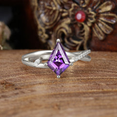 4 Prong Kite Cut 2 Carat Amethyst Promise Ring Nature Inspired Twisted Leaf Ring