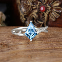 4 Prong Kite Cut 2 Carat Aquamarine Promise Ring Nature Inspired Twisted Leaf Ring