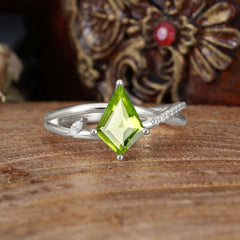 4 Prong Kite Cut 2 Carat Peridot Promise Ring Nature Inspired Twisted Leaf Ring
