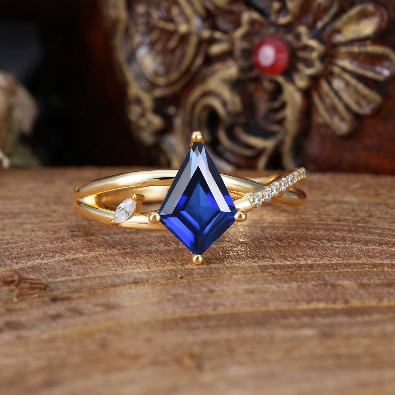 4 Prong Kite Cut 2 Carat Sapphire Promise Ring Nature Inspired Twisted Leaf Engagement Ring