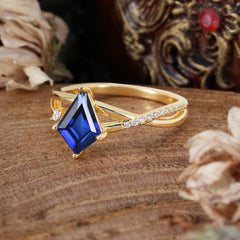 4 Prong Kite Cut 2 Carat Sapphire Promise Ring Nature Inspired Twisted Leaf Ring