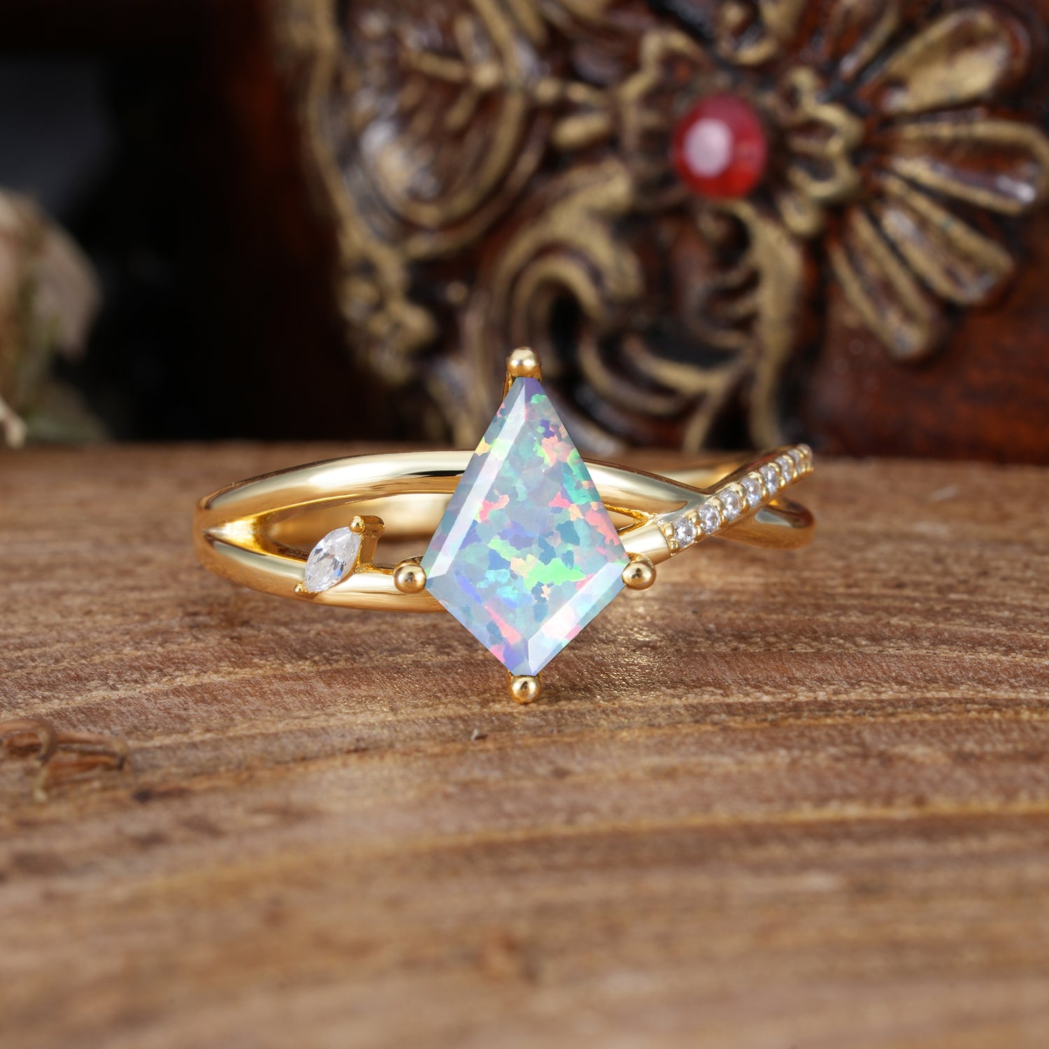 4 Prong Kite Cut 2 Carat Opal Promise Ring Nature Inspired Twisted Leaf Engagement Ring