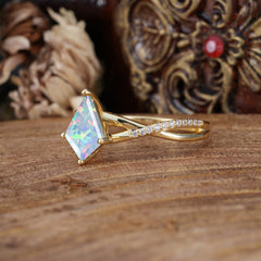 4 Prong Kite Cut 2 Carat Natural Opal Promise Ring Nature Inspired Twisted Leaf Ring