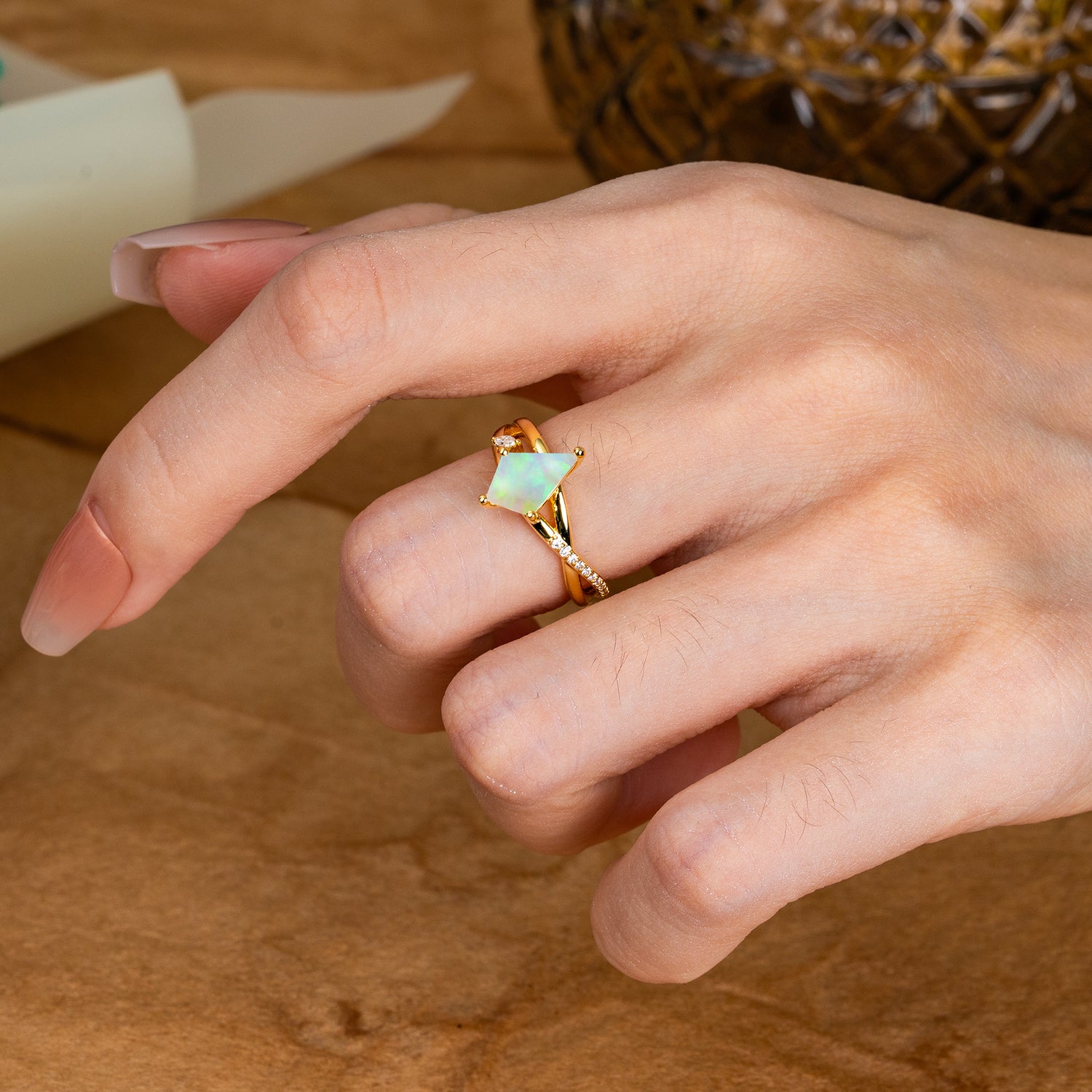 4 Prong Kite Cut 2 Carat Opal Promise Ring Nature Inspired Twisted Leaf Engagement Ring