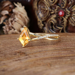 4 Prong Kite Cut 2 Carat Citrine Promise Ring Nature Inspired Twisted Leaf Ring