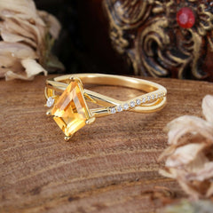 4 Prong Kite Cut 2 Carat Citrine Promise Ring Nature Inspired Twisted Leaf Ring