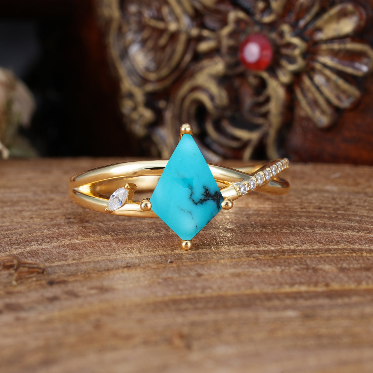 4 Prong Kite Cut 2 Carat Turquoise Promise Ring Nature Inspired Twisted Leaf Engagement Ring