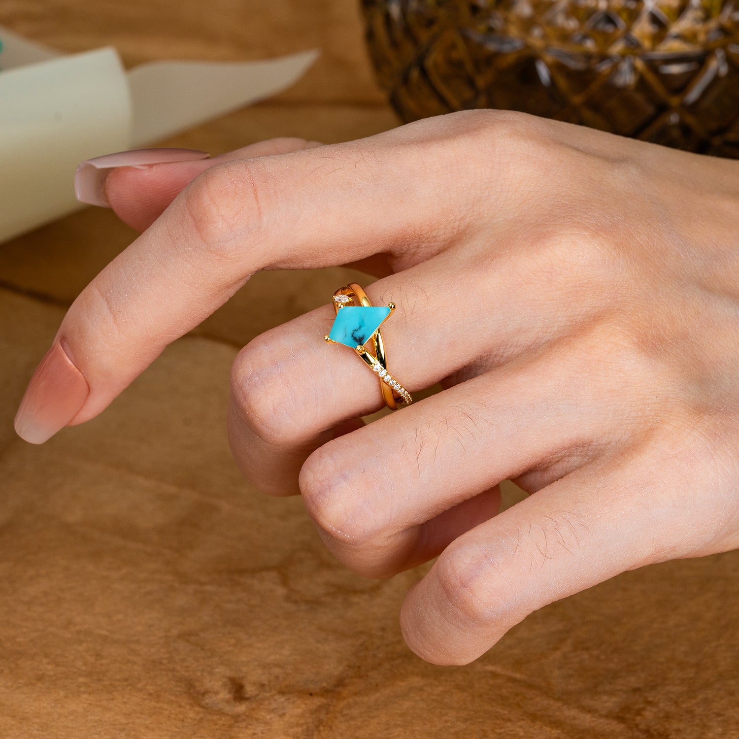 4 Prong Kite Cut 2 Carat Turquoise Promise Ring Nature Inspired Twisted Leaf Engagement Ring