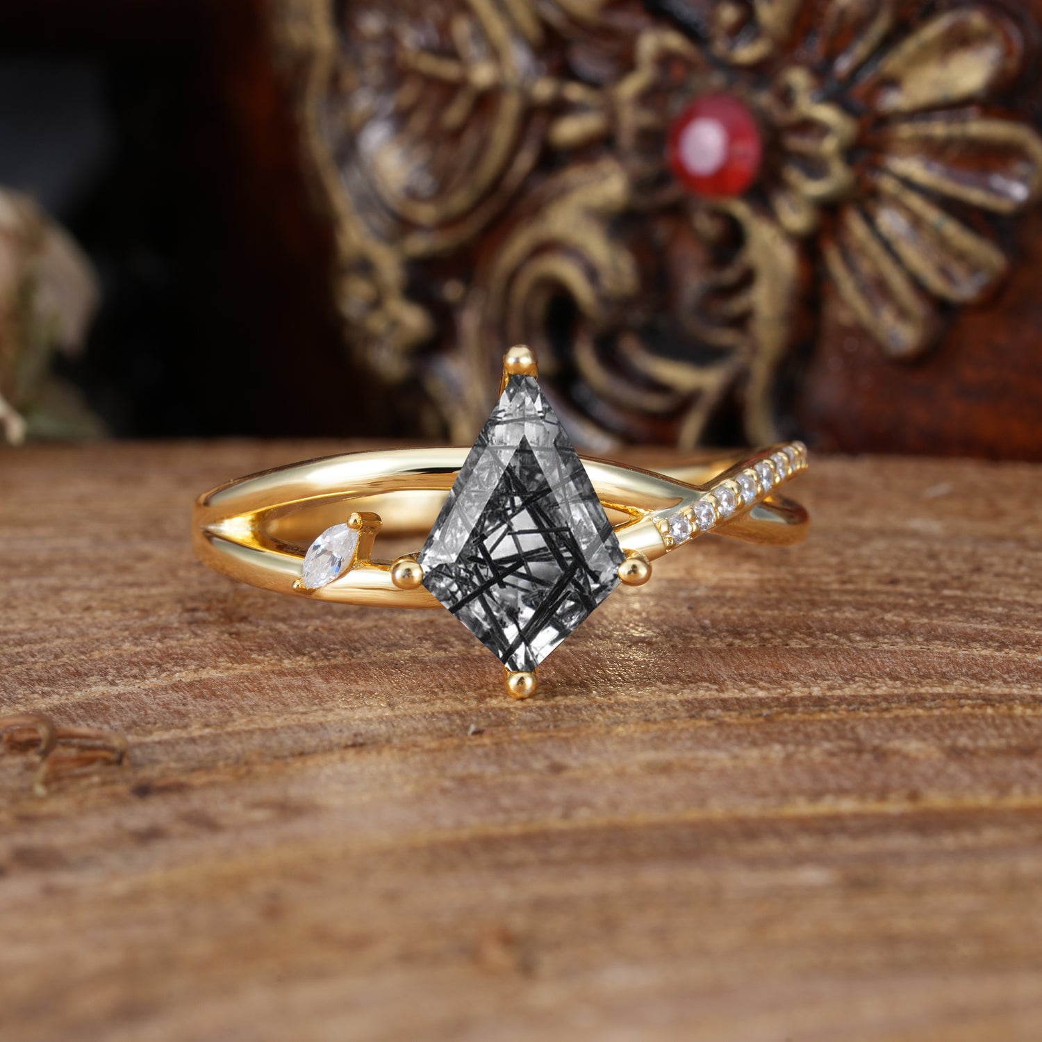 4 Prong Kite Cut 2 Carat Natural Black Rutilated Quartz Promise Ring Nature Inspired Twisted Leaf Engagement Ring