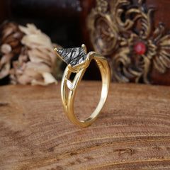 4 Prong Kite Cut 2 Carat Natural Black Rutilated Quartz Promise Ring Nature Inspired Twisted Leaf Ring