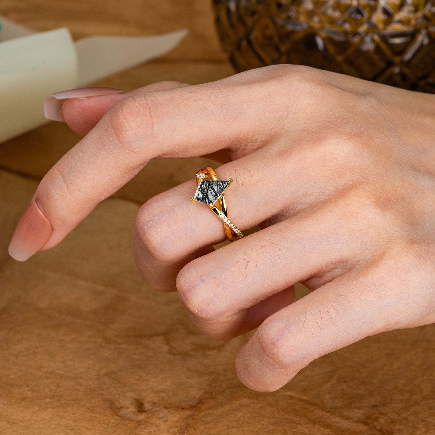 4 Prong Kite Cut 2 Carat Natural Black Rutilated Quartz Promise Ring Nature Inspired Twisted Leaf Engagement Ring
