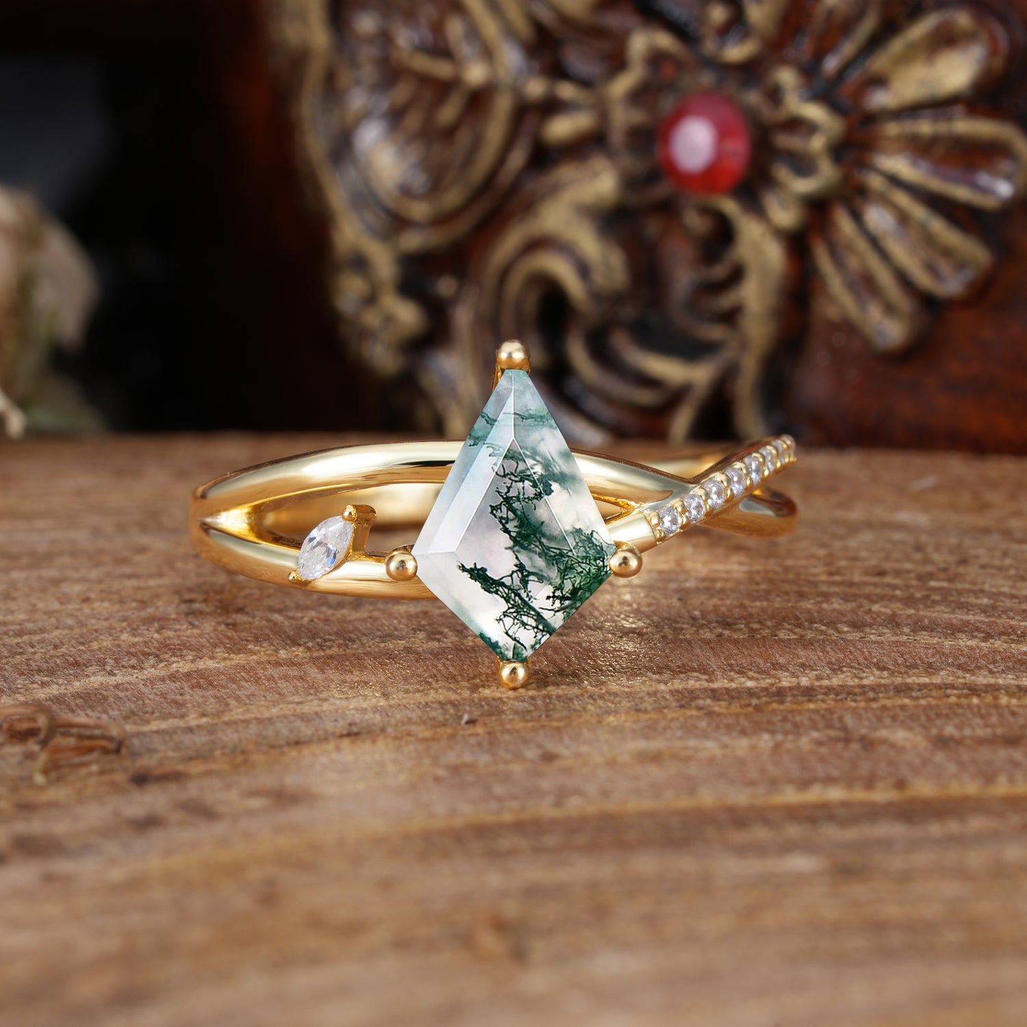 4 Prong Kite Cut 2 Carat Natural Moss Agate Promise Ring Nature Inspired Twisted Leaf Engagement Ring