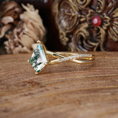 4 Prong Kite Cut 2 Carat Natural Moss Agate Promise Ring Nature Inspired Twisted Leaf Ring
